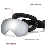 Manufacturer diagram labelling the TPU frame, anti-fog lens, UV400 protection and lens replacement clip