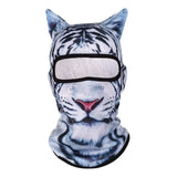 Balaclava printed with a white tiger face, stand-up ears and a black-trimmed eye opening