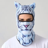 Man wearing the white tiger balaclava, front view, showing the eye opening and neck