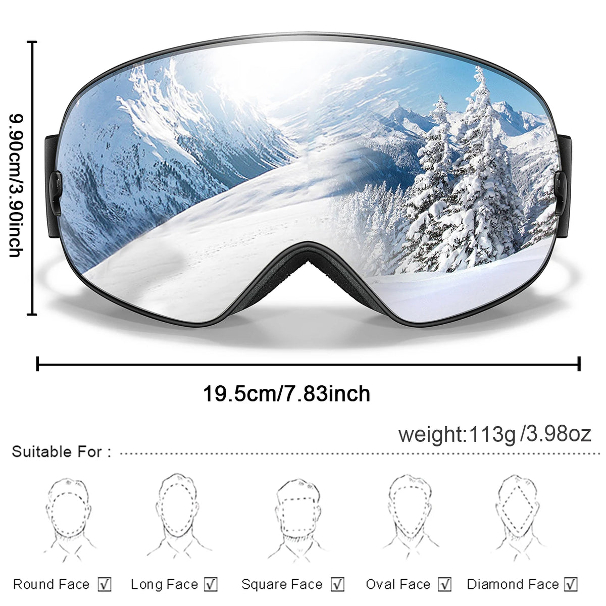 Manufacturer size chart: about 19.5 cm wide and 9.9 cm tall, 113 g, with a face-shape guide