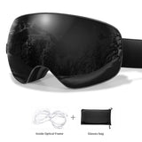 What's in the box: the goggle (black / smoke shown) with the included inside optical frame for prescription lenses and a soft glasses bag