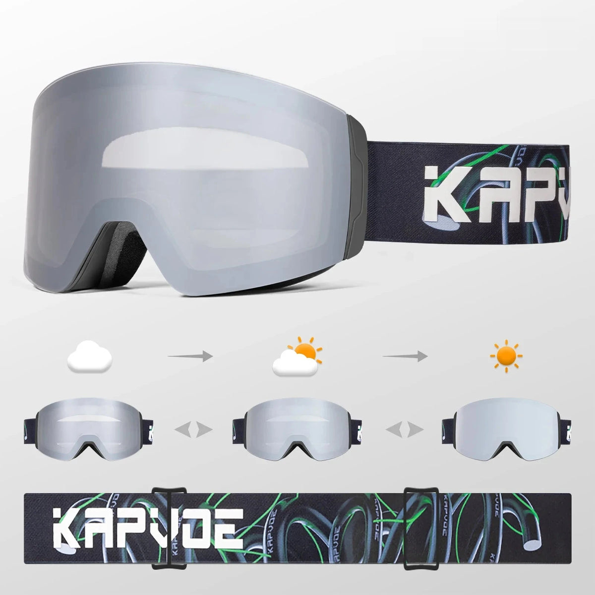 Photochromic snow goggle with a dark grey frame, black face foam and a silver photochromic lens, on a black strap with a grey-and-green loop graphic and white brand lettering. Three small goggles show the lens going to a bright silver mirror from cloud to sun.