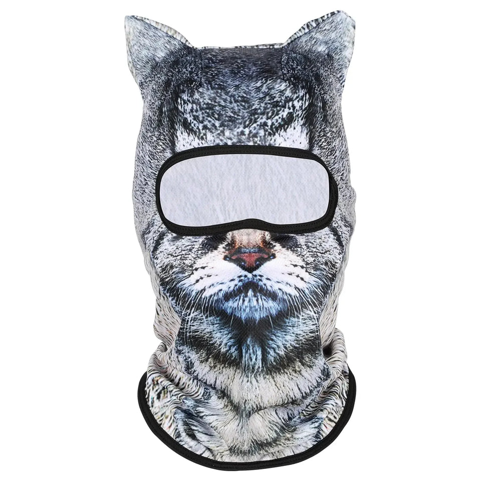 Balaclava printed with a grey tabby cat face, stand-up ears and a black-trimmed eye opening