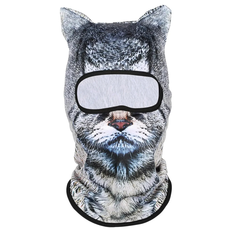 Balaclava printed with a grey tabby cat face, stand-up ears and a black-trimmed eye opening