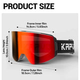 Size chart for the photochromic goggle, shown in black with a red mirror lens: frame inner rim 14.8 cm (5.83 in), frame outer rim 18.5 cm (7.28 in), lens height 10.0 cm (3.94 in).