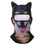 Balaclava printed with a black-and-tan dog face with its tongue out, stand-up ears and a black-trimmed eye opening