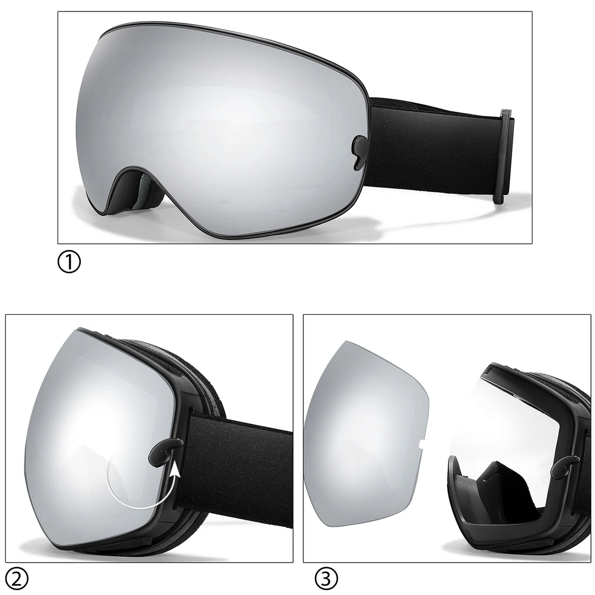 Three photos showing the lens being unclipped from the goggle frame