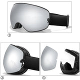 Three photos showing the lens being unclipped from the goggle frame