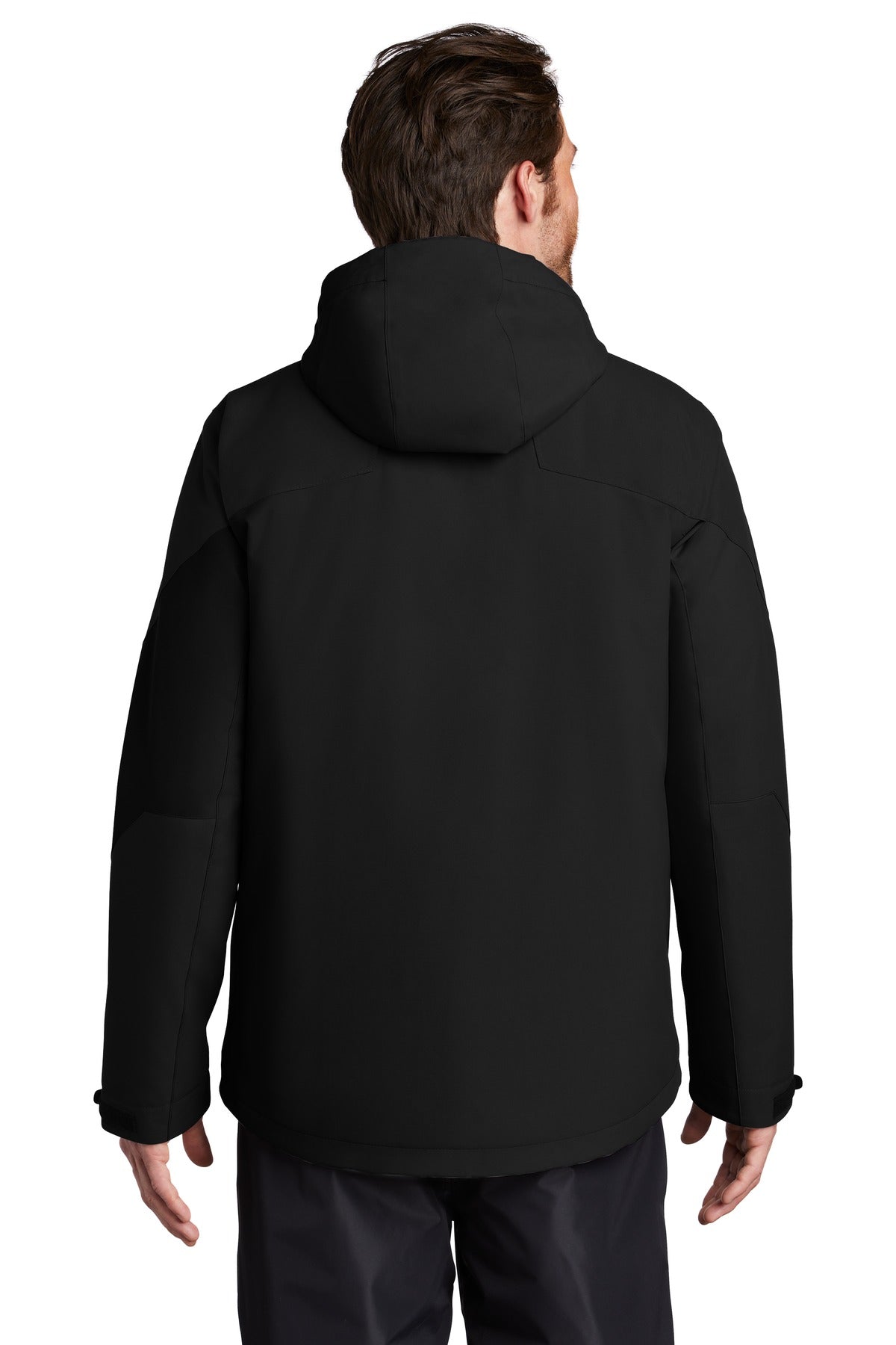 Afterdark Insulated Snow Jacket in Black, back view, worn by a model with the hood down