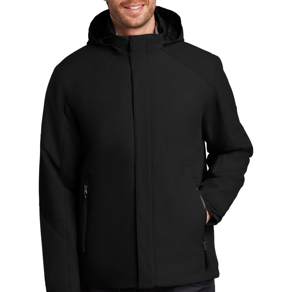 Afterdark Insulated Snow Jacket in Black, front view, worn by a model with the hood down