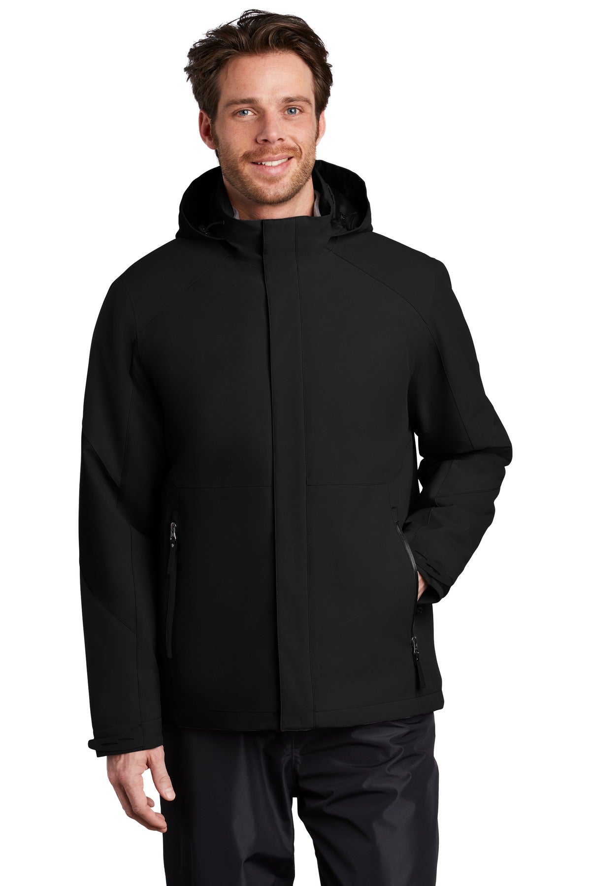 Afterdark Insulated Snow Jacket in Black, front view, worn by a model with the hood down