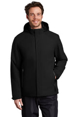 Afterdark Insulated Snow Jacket in Black, front view, worn by a model with the hood down