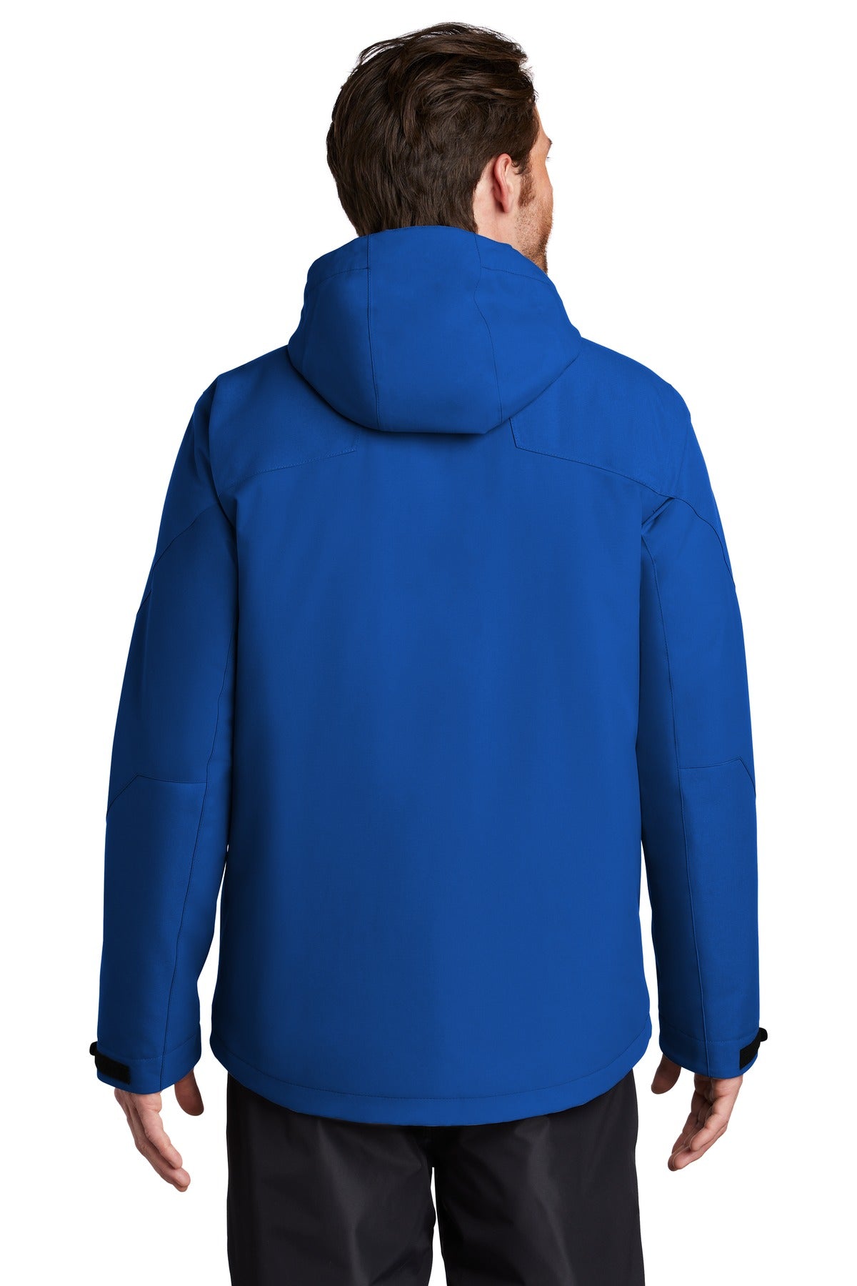 Afterdark Insulated Snow Jacket in Blue, back view, worn by a model with the hood down