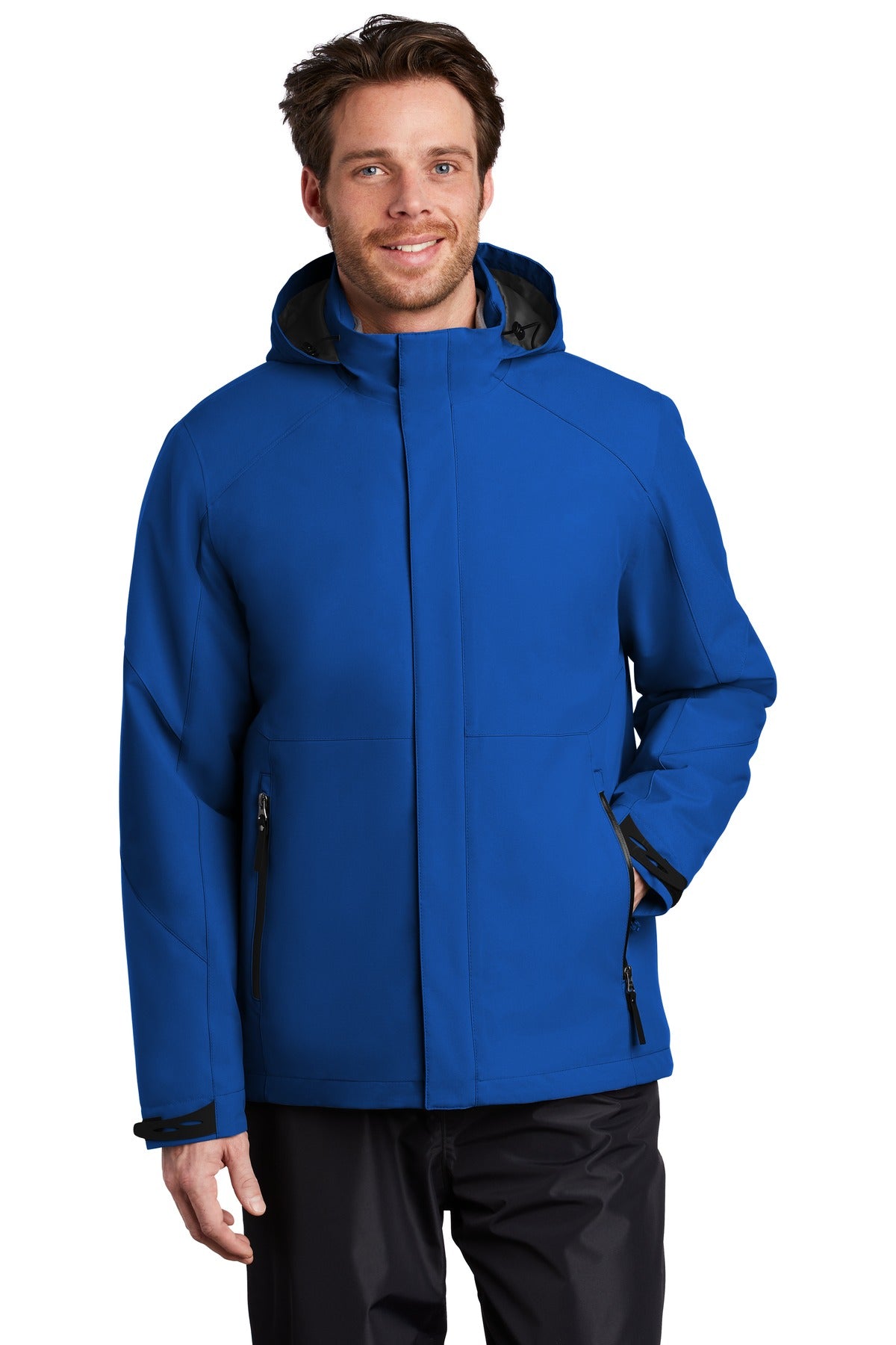 Afterdark Insulated Snow Jacket in Blue, front view, worn by a model with the hood down