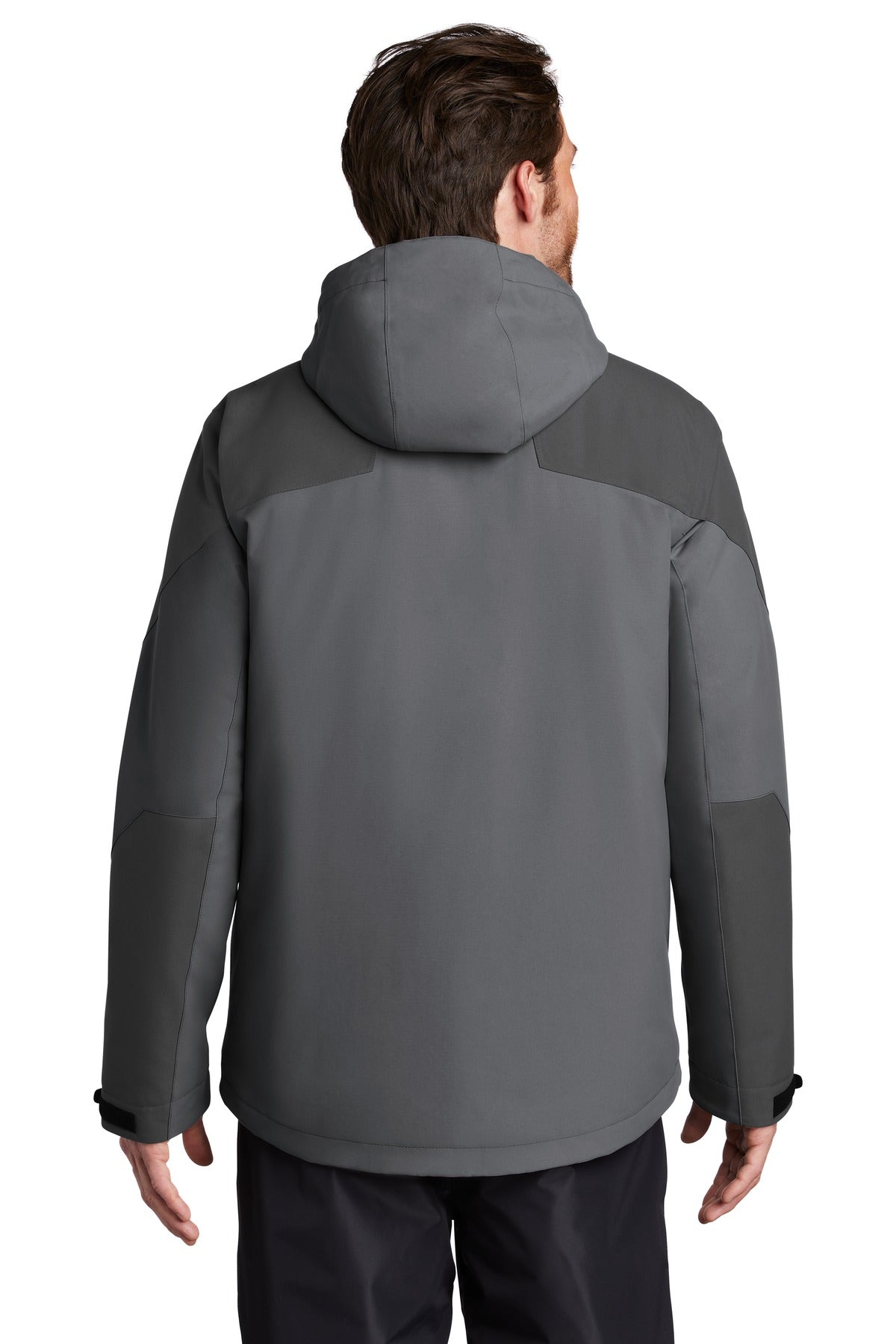 Afterdark Insulated Snow Jacket in two-tone Grey, back view, worn by a model with the hood down
