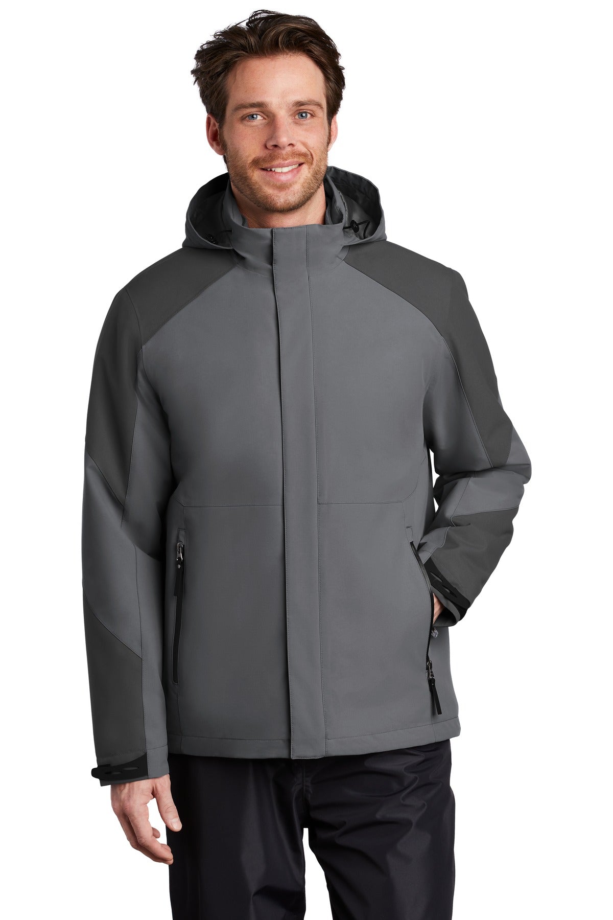 Afterdark Insulated Snow Jacket in two-tone Grey, front view, worn by a model with the hood down