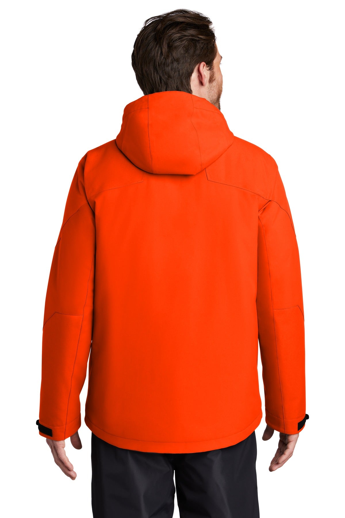 Afterdark Insulated Snow Jacket in Orange, back view, worn by a model with the hood down