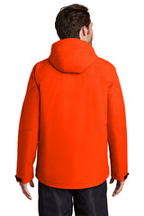 Afterdark Insulated Snow Jacket in Orange, back view, worn by a model with the hood down