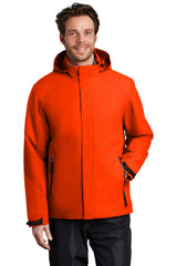 Afterdark Insulated Snow Jacket in Orange, front view, worn by a model with the hood down