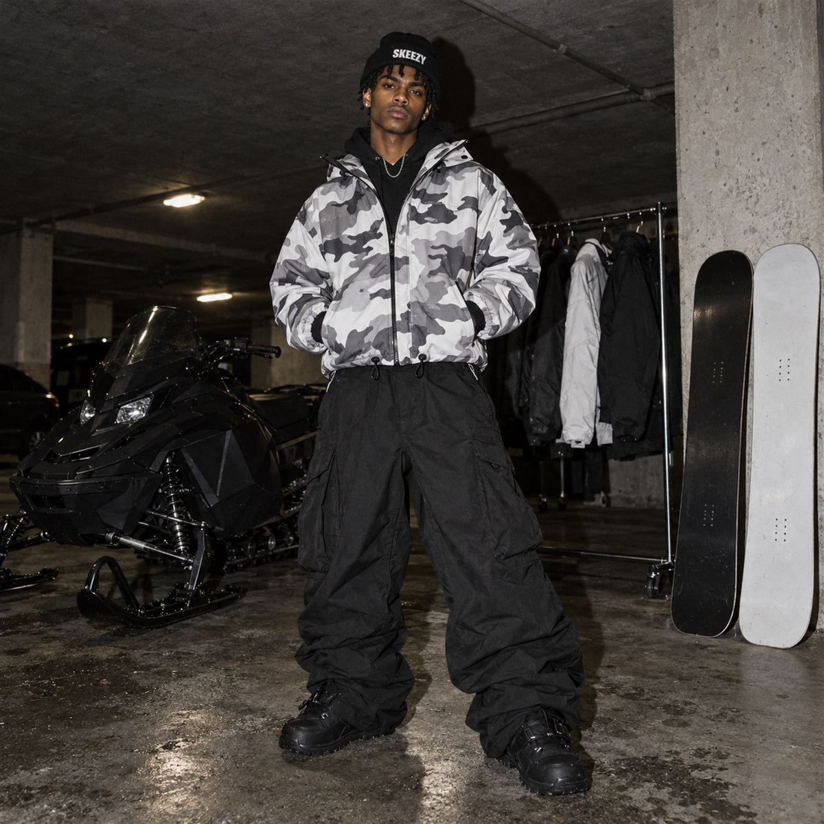 Rider in a parking garage wearing the black Skeezy cuffed beanie with white SKEEZY embroidery