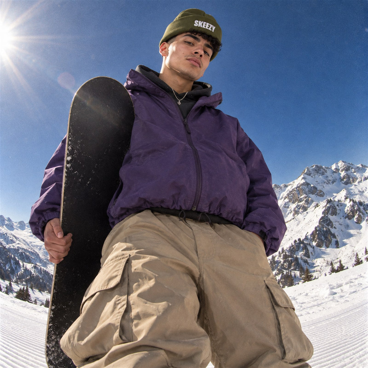 Rider on a sunny ridge wearing the olive Skeezy cuffed beanie with white SKEEZY embroidery