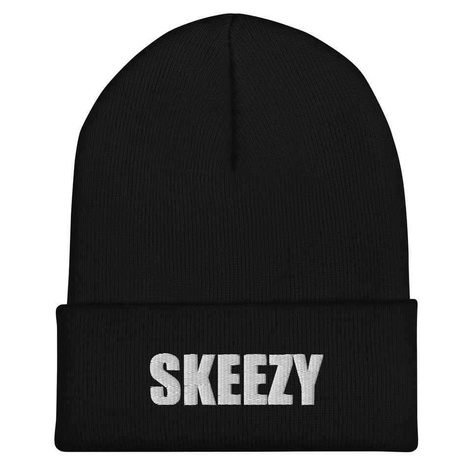 Black cuffed beanie with SKEEZY embroidered in white on the cuff, front view