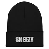 Black cuffed beanie with SKEEZY embroidered in white on the cuff, front view