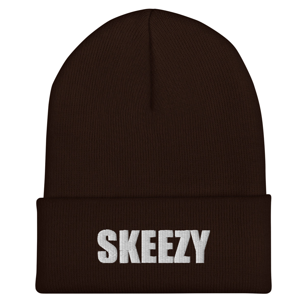 Brown cuffed beanie with SKEEZY embroidered in white on the cuff, front view