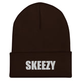 Brown cuffed beanie with SKEEZY embroidered in white on the cuff, front view