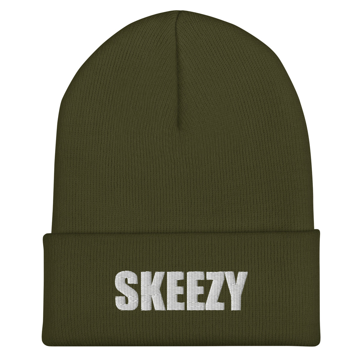 Olive cuffed beanie with SKEEZY embroidered in white on the cuff, front view