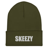 Olive cuffed beanie with SKEEZY embroidered in white on the cuff, front view