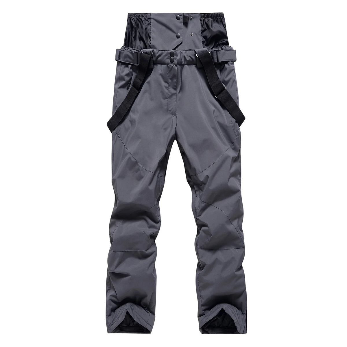Highline Women's Suspender Snow Pant in Charcoal with black suspenders, front view, laid flat