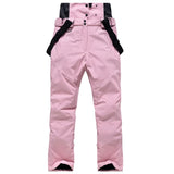 Highline Women's Suspender Snow Pant in Light Pink with black suspenders, front view, laid flat