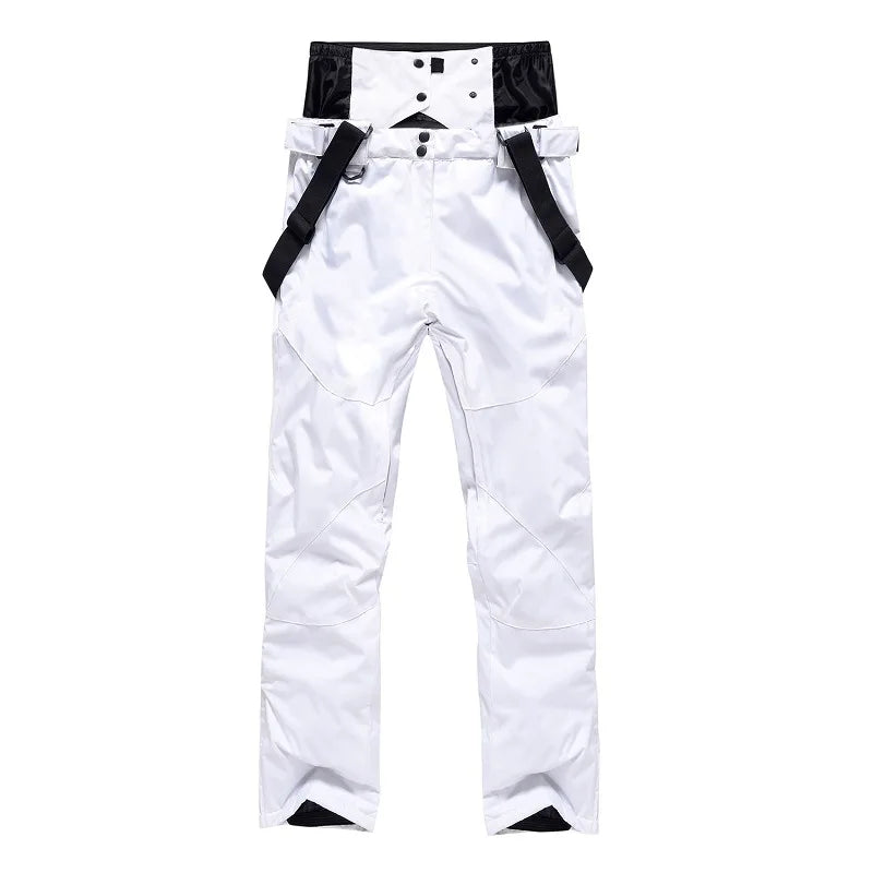 Highline Women's Suspender Snow Pant in White with black suspenders, front view, laid flat