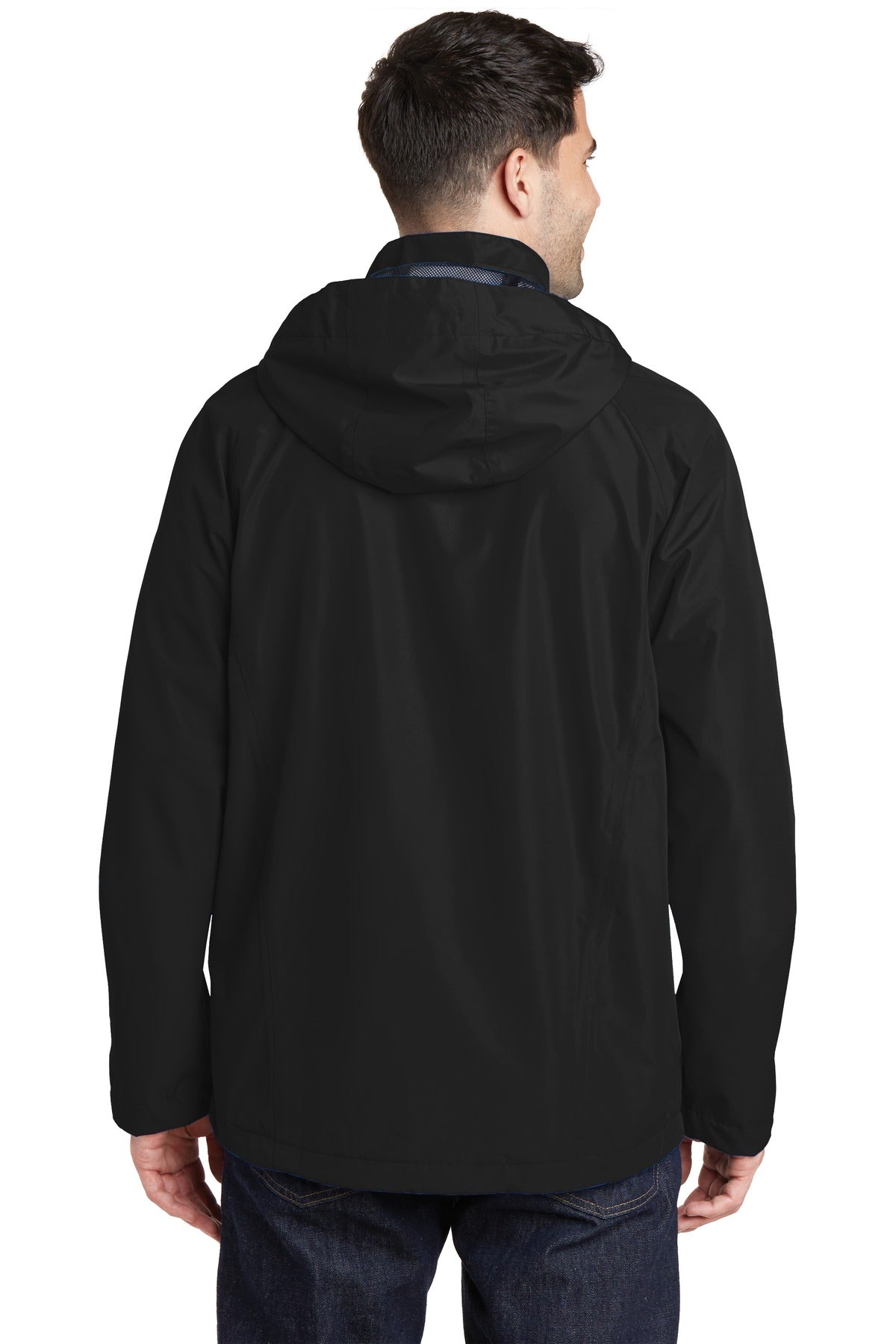 No Shelter Waterproof Shell Jacket in Blackout, worn by a model, back view