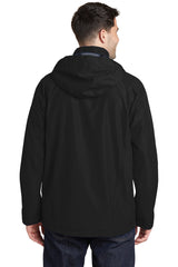 No Shelter Waterproof Shell Jacket in Blackout, worn by a model, back view