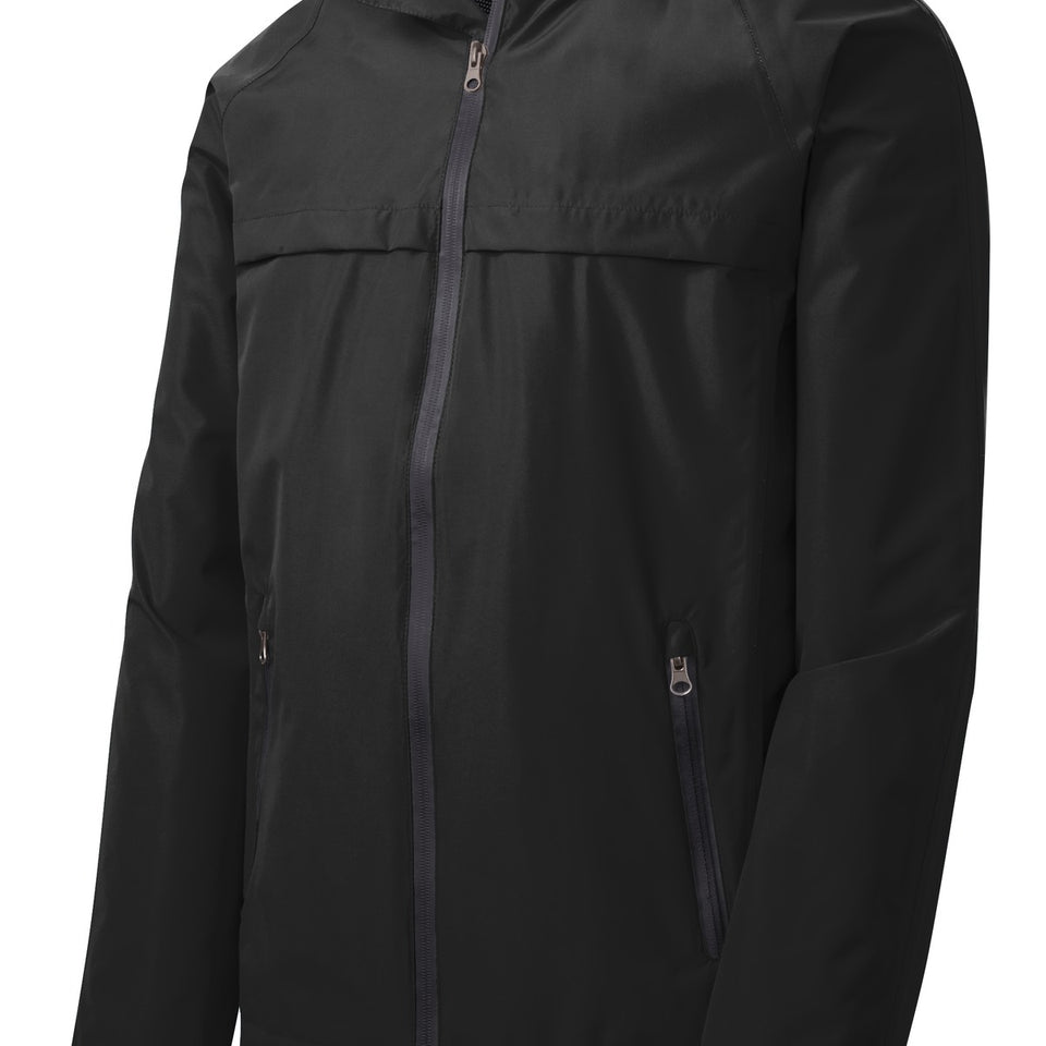 No Shelter Waterproof Shell Jacket in Blackout, laid flat, front three-quarter view with the hood up