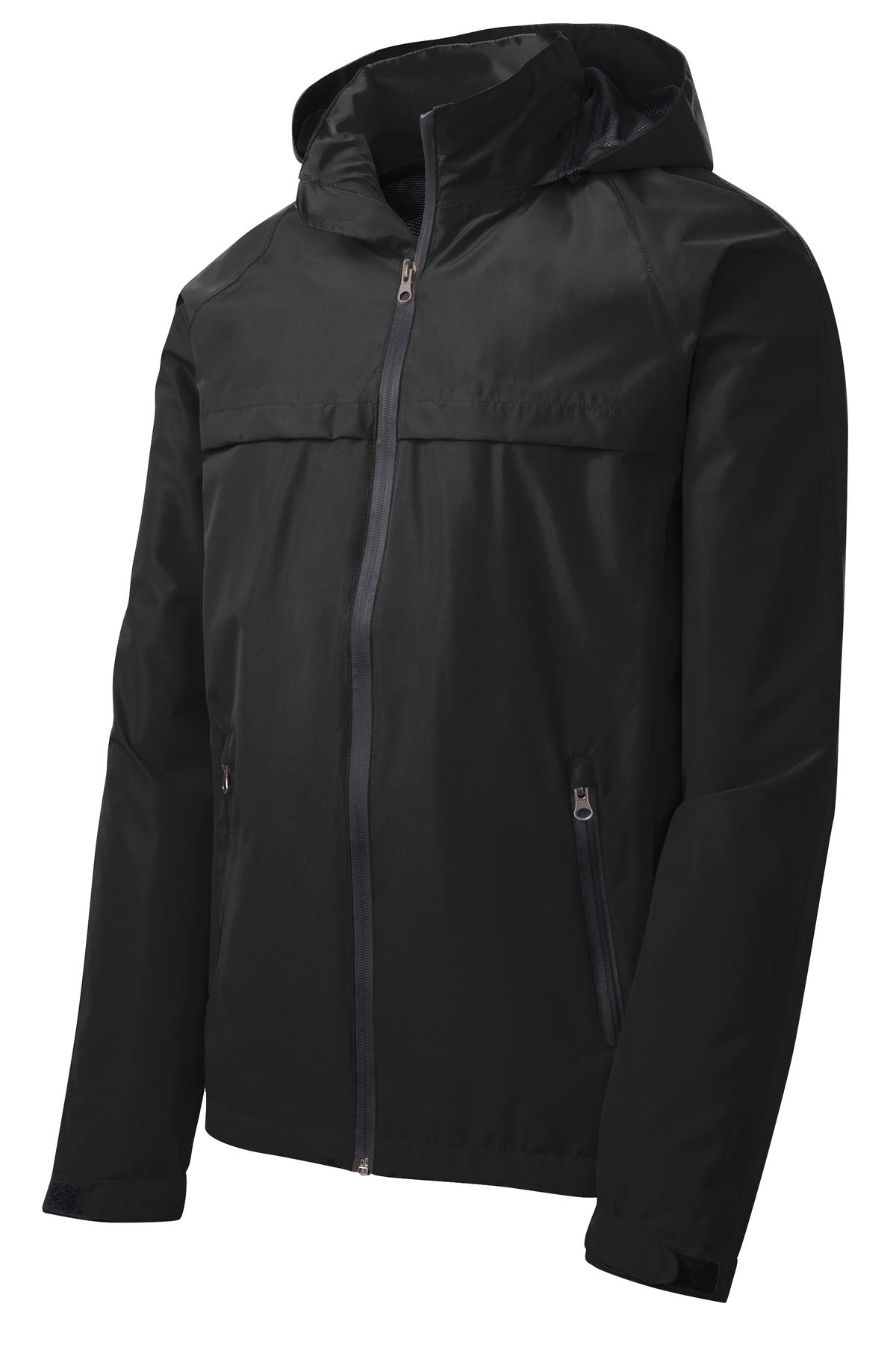 No Shelter Waterproof Shell Jacket in Blackout, laid flat, front three-quarter view with the hood up