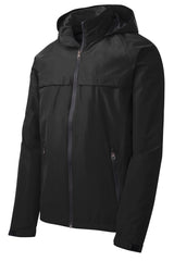 No Shelter Waterproof Shell Jacket in Blackout, laid flat, front three-quarter view with the hood up