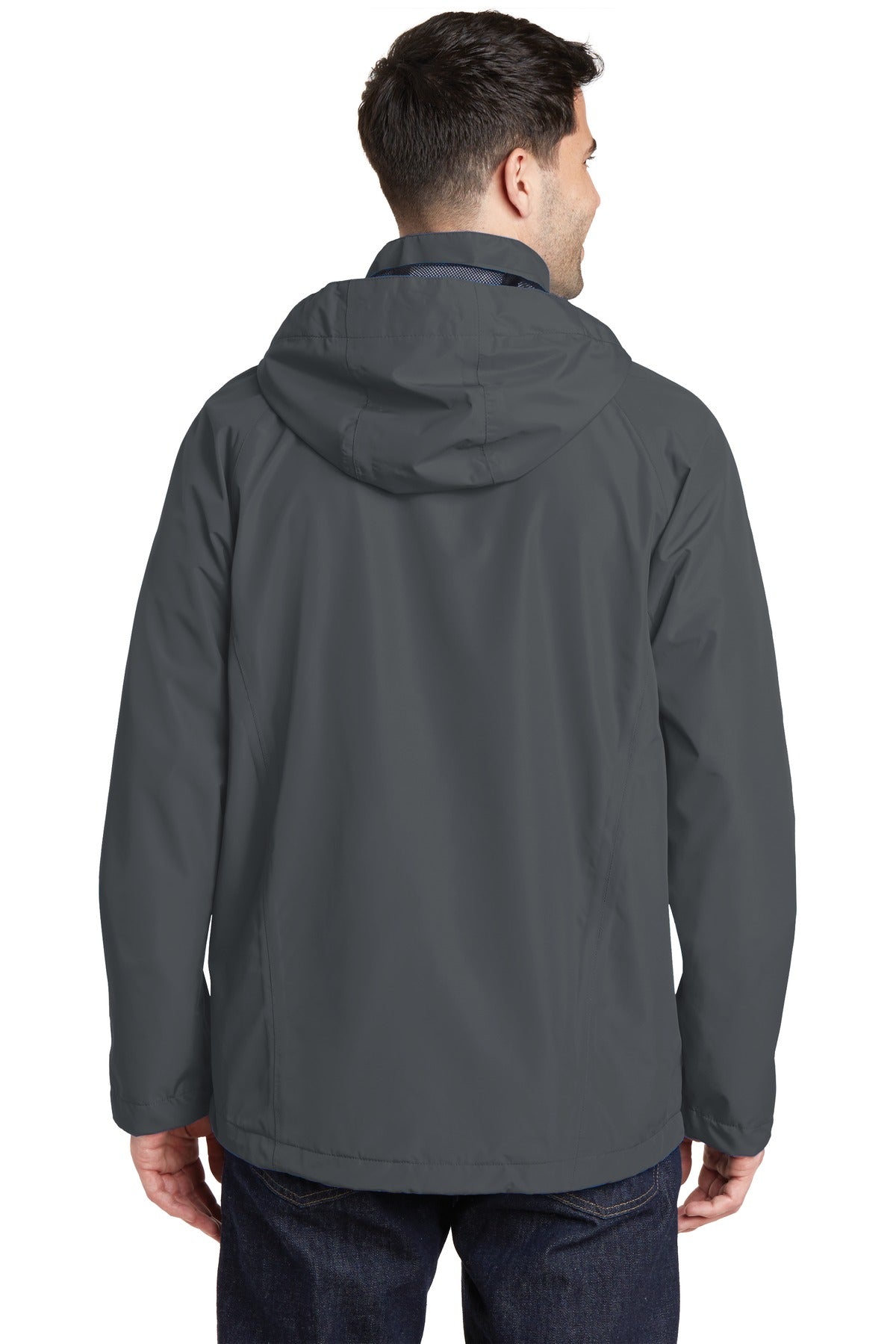 No Shelter Waterproof Shell Jacket in Magnet, worn by a model, back view