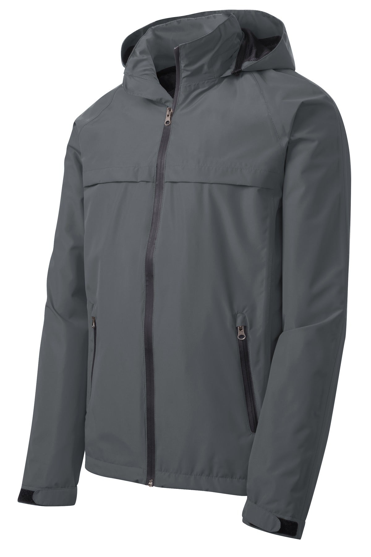 No Shelter Waterproof Shell Jacket in Magnet, laid flat, front three-quarter view with the hood up