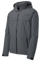 No Shelter Waterproof Shell Jacket in Magnet, laid flat, front three-quarter view with the hood up