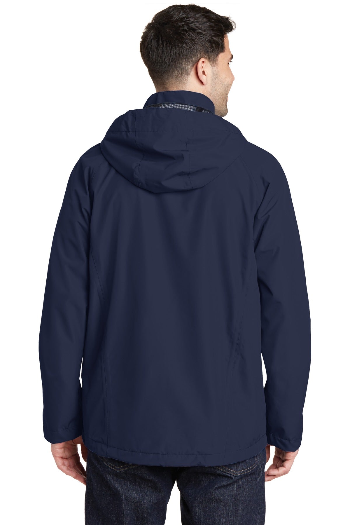 No Shelter Waterproof Shell Jacket in Navy, worn by a model, back view