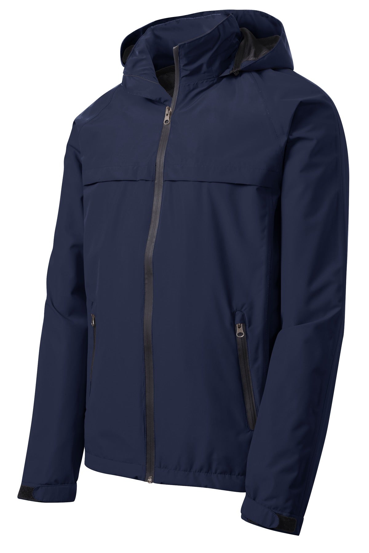 No Shelter Waterproof Shell Jacket in Navy, laid flat, front three-quarter view with the hood up