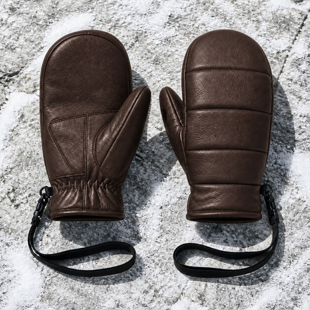 Leather Snow Mitten in Cocoa — Skeezy studio render, front view