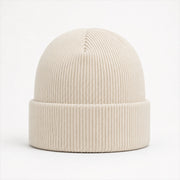 Cuffed Logo Beanie in Bone — Skeezy studio render, front view