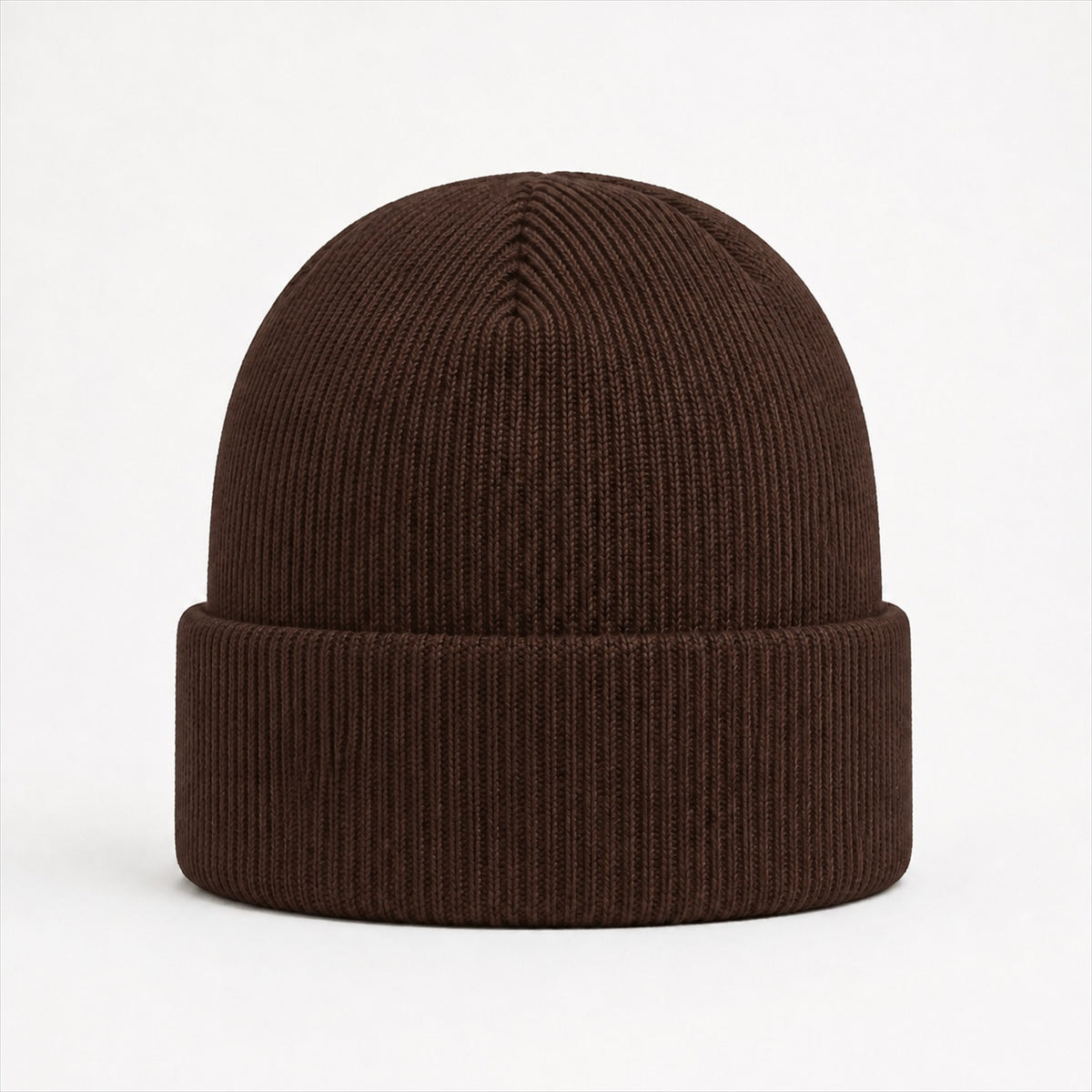 Cuffed Logo Beanie in Cocoa — Skeezy studio render, front view