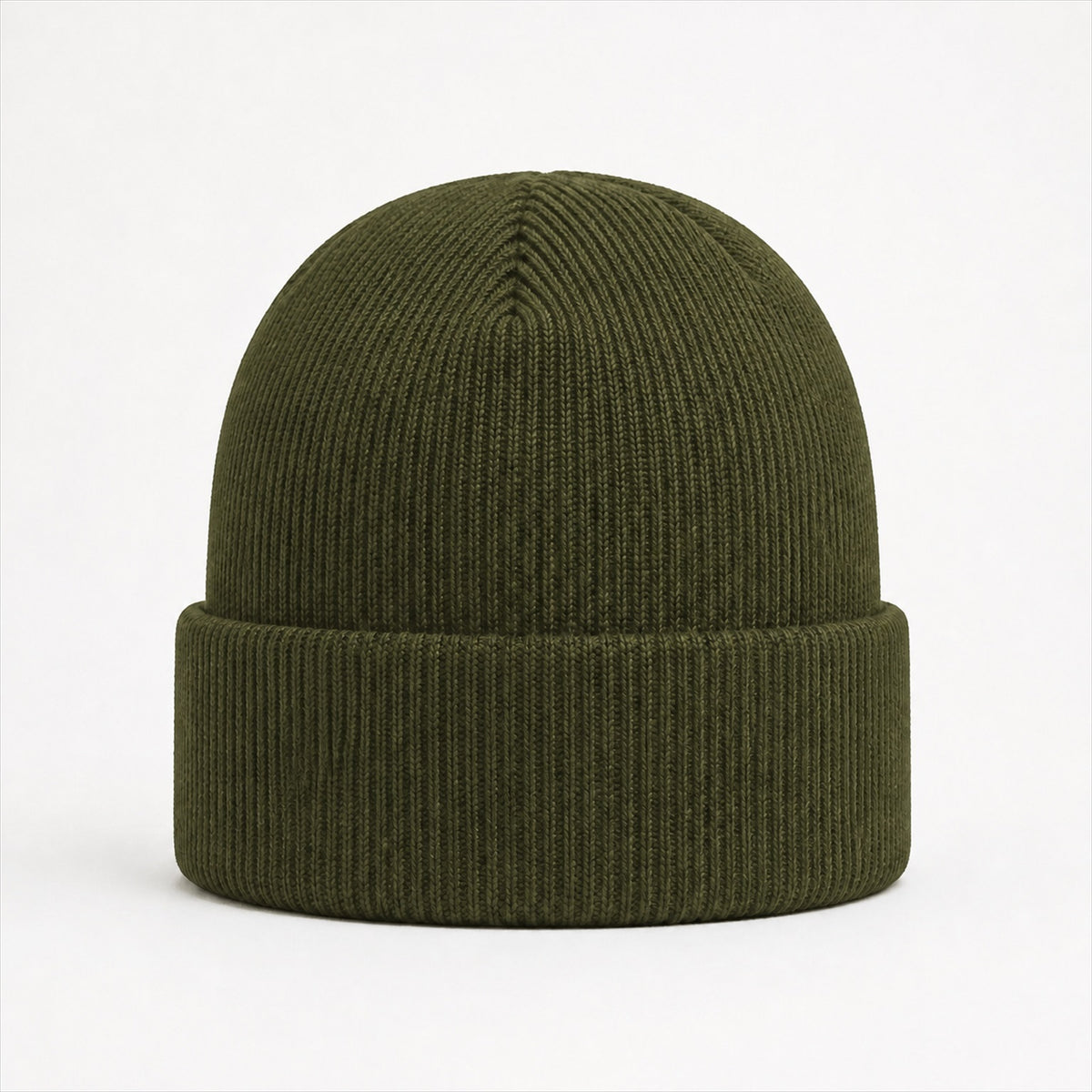 Cuffed Logo Beanie in Moss — Skeezy studio render, front view