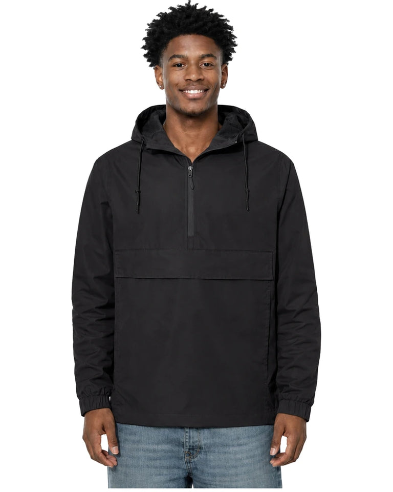 Rewind Water-Resistant Anorak in Blackout, worn by a model, front view with the half zip closed