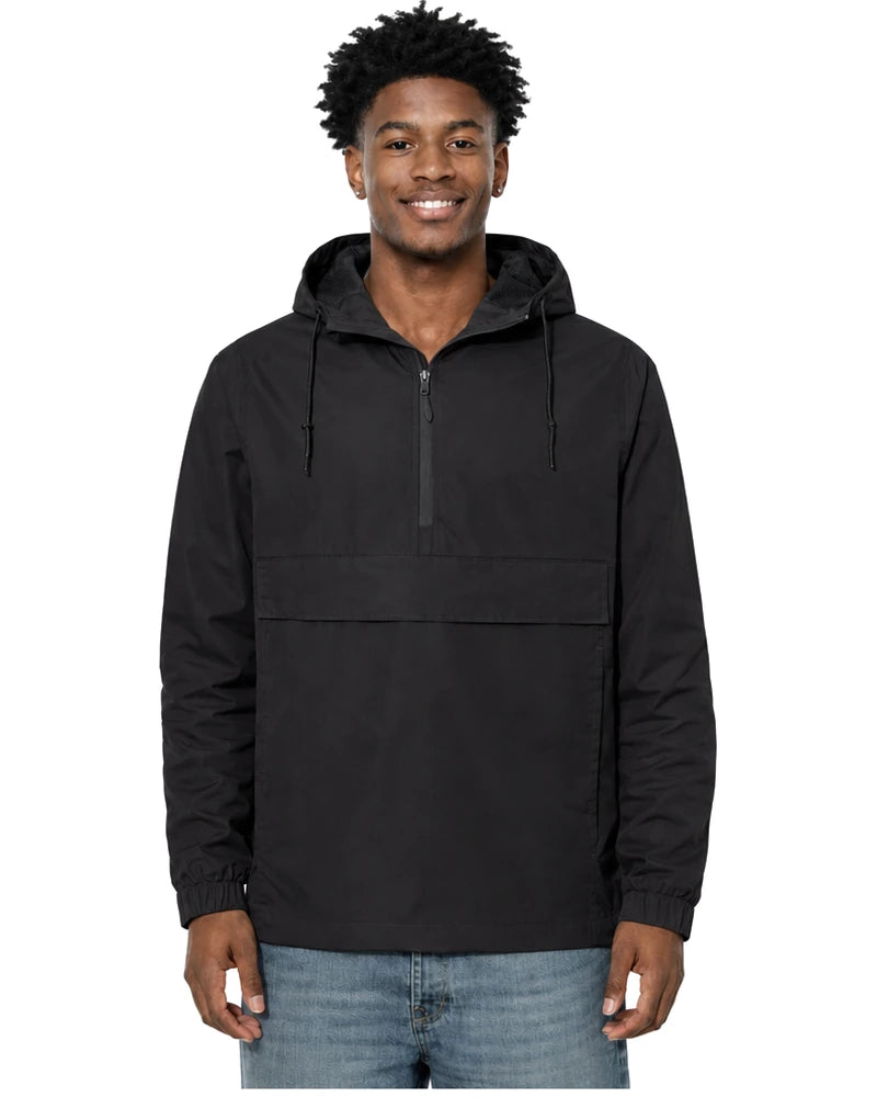 Rewind Water-Resistant Anorak in Blackout, worn by a model, front view with the half zip closed